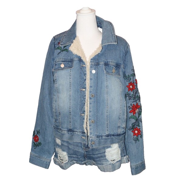 Women’s Jolt Jeans Embroidered Shearling Denim Button Jean Jacket Size Med - Picture 1 of 16